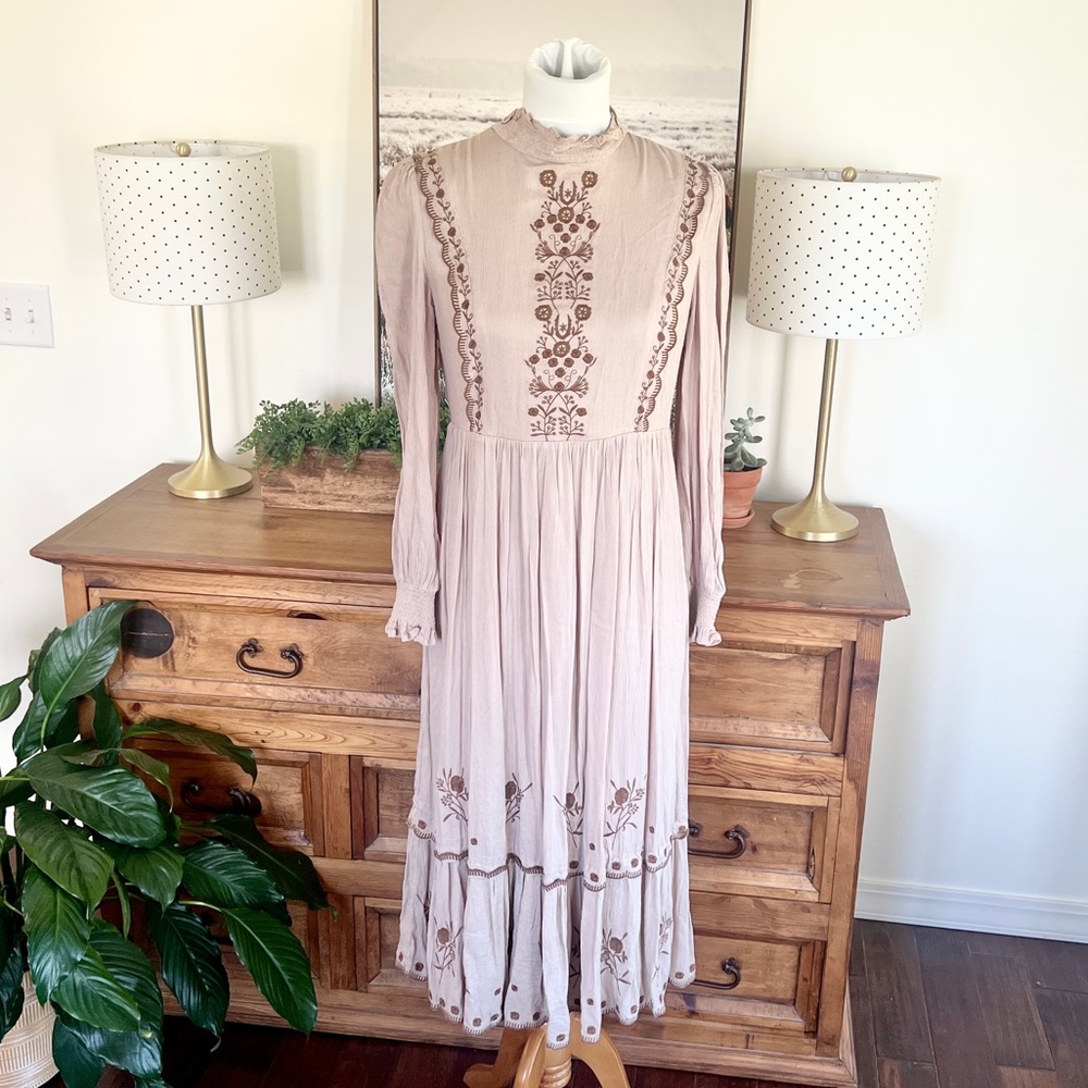 Roolee In Loom Tan Embroidered Boho Peasant Midi Dress M L - Picture 1 of 14